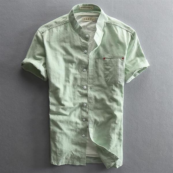 Приталенная льняная хлопковая рубашка с воротником-стойкой с коротким рукавом, мужская белая, зеленая, темно-синяя мужская повседневная летняя рубашка с карманом180A