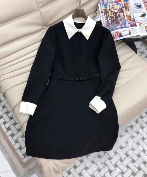 Vestidos casuais contraste cor retalhos 2023 outono inverno mulheres manga longa mistura de lã de seda cinto formal mini vestido preto