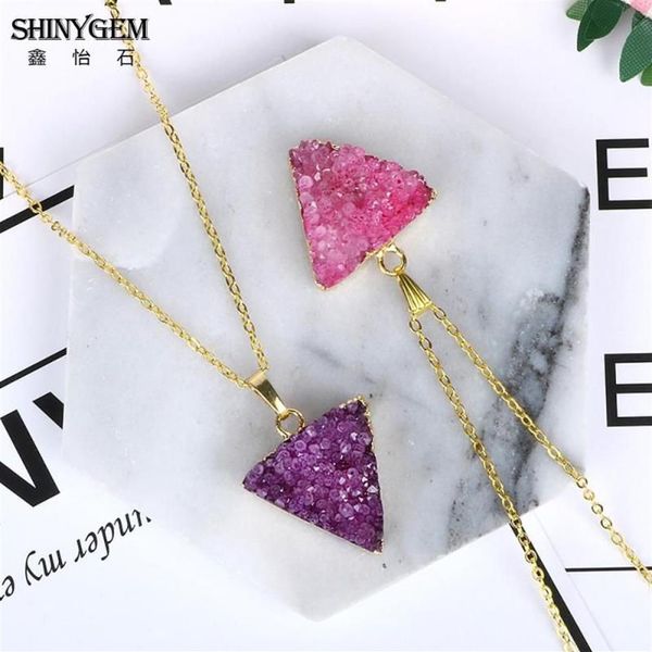 Shinygem 2021 natural artesanal roxo rosa druzy pingente colares chapeamento de ouro declaração triângulo pirâmide pedra na moda para mulher216d