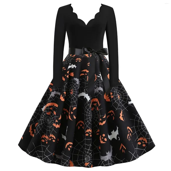Повседневные платья, женское домашнее праздничное платье на Хэллоуин, винтажное элегантное платье с вырезом бабочки и длинными рукавами, костюмы для женщин Falda Larga