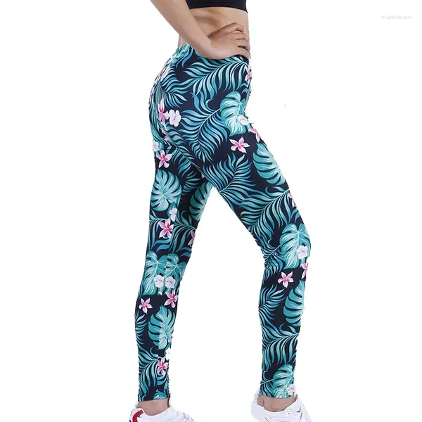 Damen Leggings CHSDCSI Fitness Slim Workout Leggins Mode Hochelastisch Gym Sport Jegging Frauen Grünes Blatt Blumenmuster