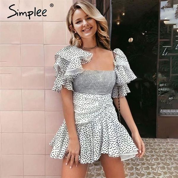 Simplee pescoço quadrado plissado manga puff vestido sexy polka dot print vestidos mulheres boho retro hippie vestidos de festa curtos vestidos y20228w