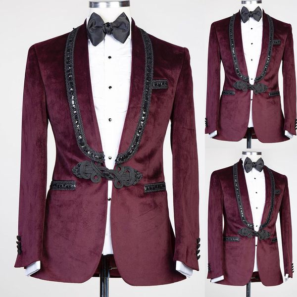 Ternos de veludo borgonha para homens, slim fit, miçangas, festa de baile, casamento, noivo, 2 peças, traje da moda, blazer, calças pretas