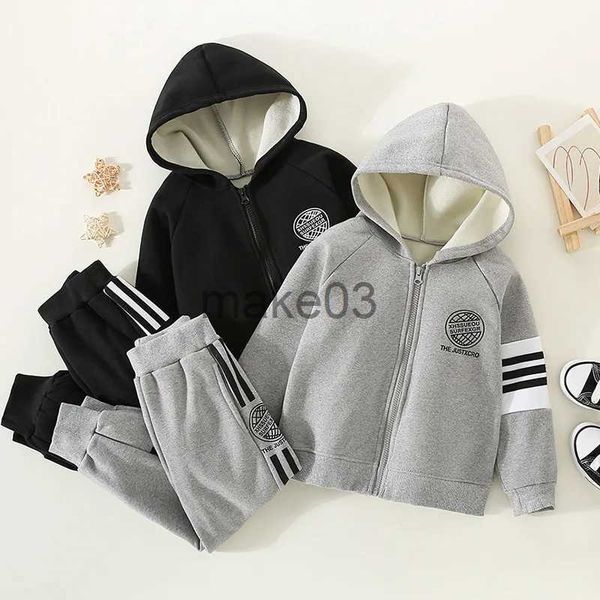 Kleidung Sets Herbst Winter Jungen Fleece Sport Kleidung Anzüge Kinder Mit Kapuze Plüsch Pullover + Jogginghose 2 Stücke Outfit Sets Kinder warme Trainingsanzug J231020