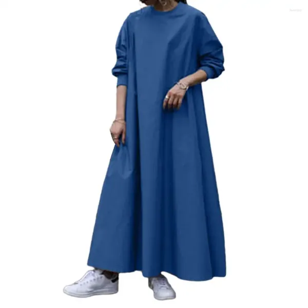 Vestidos casuais vestido macio oversized bolso feminino maxi retro a linha estilo tornozelo comprimento com punhos elásticos outono / primavera moda mulheres