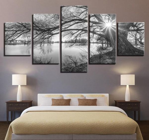 Arte da parede 5 peças fotos de lona para sala de estar cartaz quadro lago grandes árvores pinturas preto branco paisagem casa decor4806019