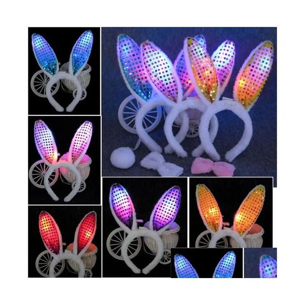 Party Favor Led Bunny Ears Stirnband Leuchten Blinkende Flauschige Kaninchen Ohr Stirnbänder Pailletten Kopfschmuck Kostüm Cosplay Frau Halloween Ch Dhhhx