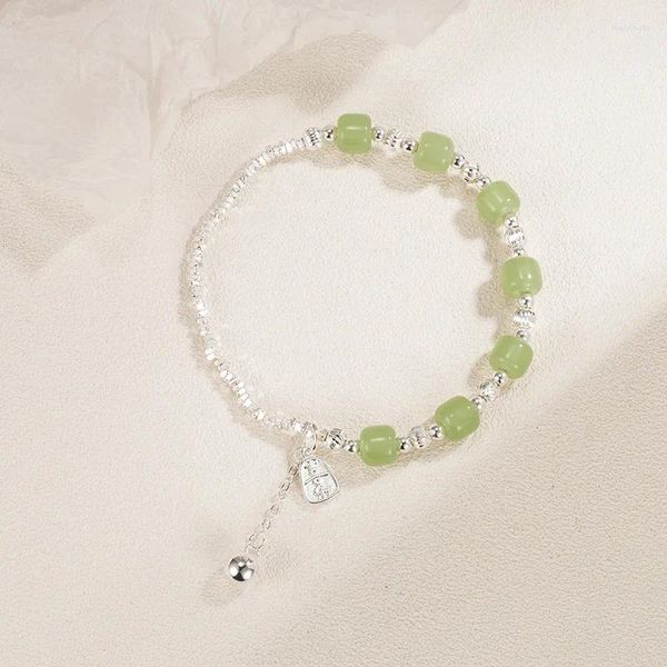 Braccialetti a maglie Color argento sterling per donna Giada verde Happy Card Charm Catena a mano femminile Gioielli di moda originali con timbro