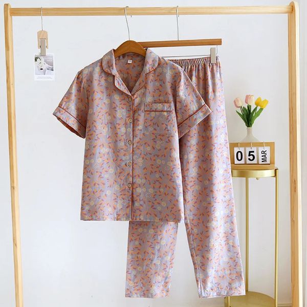 Zweiteilige Damenhose, Frühjahr/Sommer, Damen-Pyjama-Set, 100 % Baumwoll-Krepp, kurze Ärmel, Hose, zweiteilige Blumen-Strickjacke, Homewear, Nachtwäsche, Hauskleidung 231021