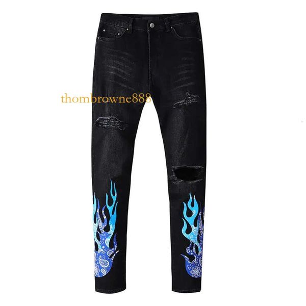 Herren-Designer-Jeans für Herren, gerade Hose, Rip, schmale Passform, mit Patches, Totem, schmal, schwarz, Biker-Denim, Stretch, Motorrad, Knieloch