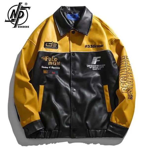 Herren Leder Kunstleder High Street Fashion PU Lederjacke Männer Frühling Patchwork Brief Stickerei Vintage Motorradjacke Unisex Lose Outwear 231020