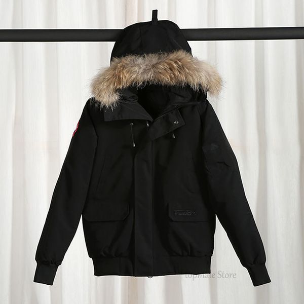 Designer canadense inverno homens mulheres ganso real lobo pele com capuz bomber bolsos com zíper moda parka canadá casaco quente para baixo 593