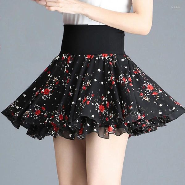 Röcke Elastische Hohe Taille Swing Floral Chiffon Schwarz Plissee Kurz Damen Kawaii Japanische Schulmädchen Minirock Skorts C474