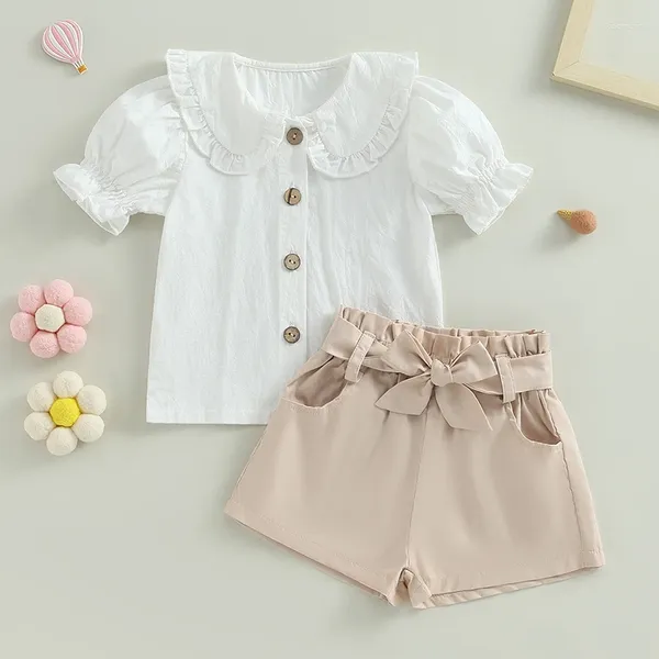 Kleidung Sets Mädchen Sommer Outfit Mode Kind Kinder Einfarbig Kurze Puff Sleeve Puppe Kragen Hemd Gürtel Shorts