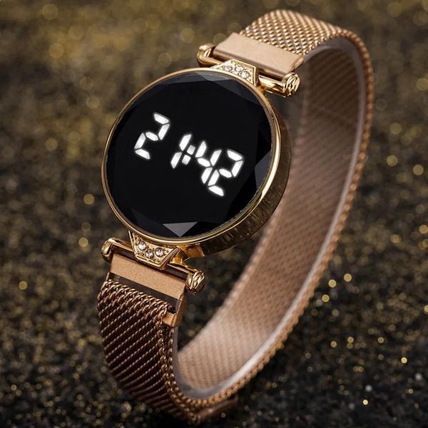 Женские часы, роскошные женские наручные часы из розового золота из нержавеющей стали, светодиодные цифровые часы для женщин, электронные часы Reloj Mujer 231020