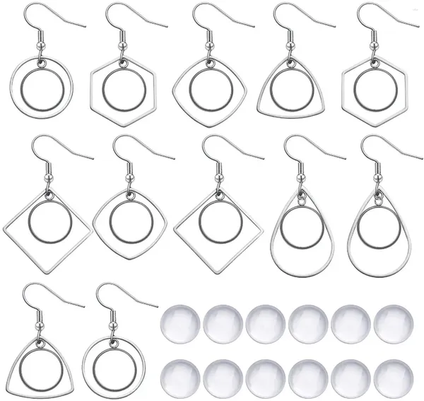 Brincos pendurados 12 peças 12mm moldura de brinco de aço inoxidável com bandeja em branco ganchos de fio de orelha configuração 20 peças cabochões de vidro transparente