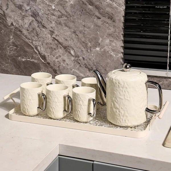 Flachmann-Keramik-Kaltkessel-Wasserset mit Tablett, High-End-Licht-Luxus-Silberkanten-Haushalts-Wohnzimmer-Hochtemperatur-Teetasse