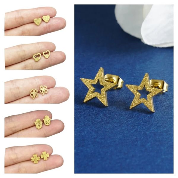 Stud coreano piccola stella cuore trifoglio K orecchini color oro gioielli in acciaio inossidabile 316 per le donne anno regalo di Natale 231020