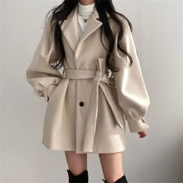 Misto lana da donna Giacca di media lunghezza con colletto Cappotto di lana Giacca invernale con cintura da donna Nicchia Cappotto vintage allentato moda Trench solido 231020