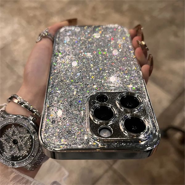 Handyhüllen Luxus-Plattierungsrahmen Bling Pailletten Glitzer Glänzende Hülle für iPhone 14 13 12 11 Pro Max Objektivschutz stoßfeste Rückseite 231021