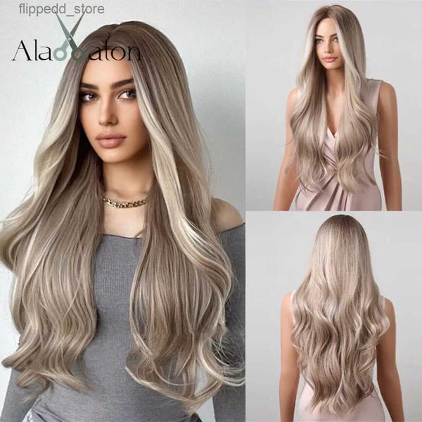 Sentetik peruklar Alan Eaton Platinum Sarışın Beyaz Vurgu Koyu Kökler Kadınlar İçin Sentetik Saç Perukları Uzun Dalgalı Cosplay Wig Isıya Dayanıklı Q231021