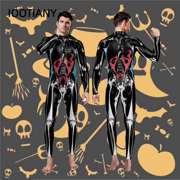 Traje de halloween adulto unissex crânio esqueleto impresso fantasias cosplay zentai terno sexy carnaval festa purim bodysuit