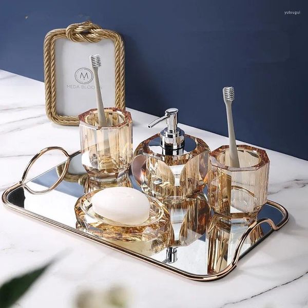 Conjunto acessório de banho dispensador de luxo prato de aniversário mesa de vidro suporte de cristal ornamentos presentes líquidos copo banheiro escova de dentes sabão