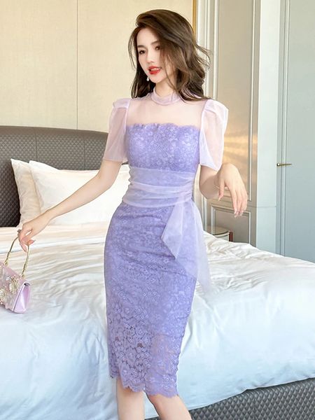 Grundlegende Freizeitkleider, süßes, sanftes Midi-Spitzenkleid für Damen, lila, durchsichtiges Netz, Tull, gespleißt, figurbetont, Schlitz, Robe, Femme, Party, Dating, Vestidos Mujer 2024