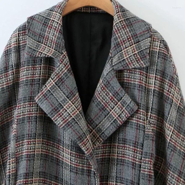 Jaquetas masculinas outono e inverno terno colarinho fino ajuste cinto feminino casual longline verificar casaco jaqueta grossa de lã 2023