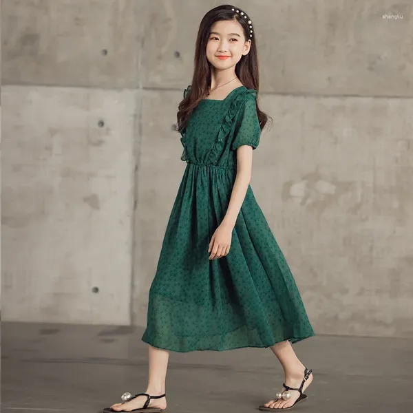 Kız Elbiseler Yourseason Floral Zarif Koyu Yeşil Genç Kızlar Elbise 2023 Yaz Çocukları Deli Sevimli Orta Uzun Çocuklar Şifon