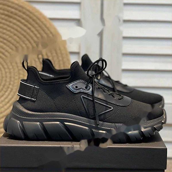 Pradity Uomo di alta qualità Nero Samurai Lavorato a maglia Scarpe sportive Designer di lusso Scarpe casual Triangolo Firma Lavorato a maglia Tomaia in pelle di vacchetta Fodera Suola spessa Casual all'aperto