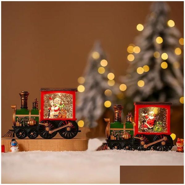 Decorações de Natal Decorações de Natal Decoração de mesa Decoração de sala de estar Modelo de trem de bola de cristal Ornamentos de mesa pequena caixa de música 2 dh0un