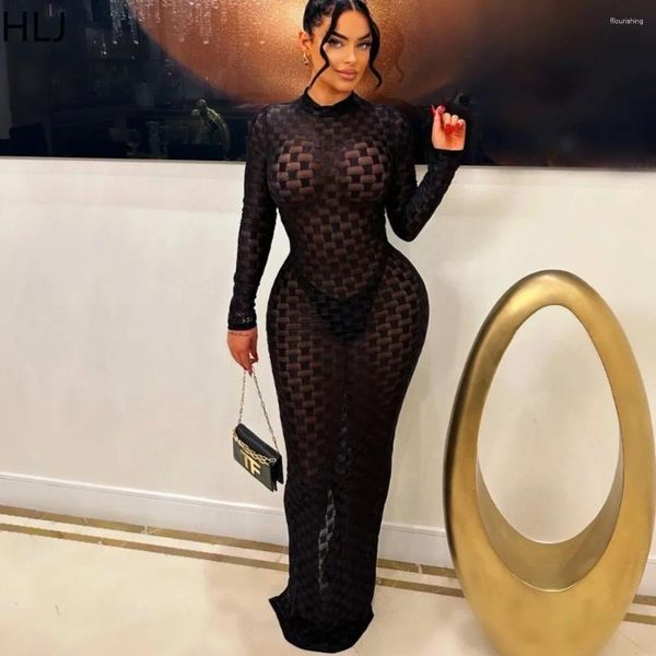 Повседневные платья HLJ Сексуальная сетчатая перспектива Bodycon Maxi Женская одежда с круглым вырезом и длинным рукавом в клетку с принтом Vestidos Женская вечеринка Одежда для ночного клуба