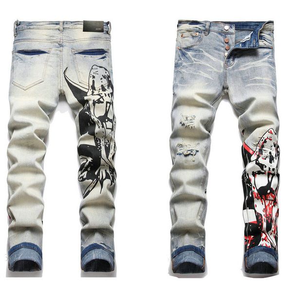 Designer-Herren-Jeans Miris aus Distressed-Denim, schmale Passform, schmale Stretch-Jeans mit zerrissenen Löchern, verwaschener Frosch, bemalt, Größe 29–38, Hose, Patchwork-Jeans