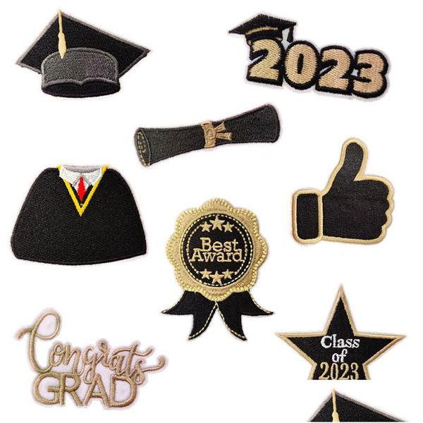 8 pezzi Classe del 2023 Laurea ricamata Complimenti Grad Ferro su applique decorativa Emblema artigianato fai da te Accessori per abbigliamento J