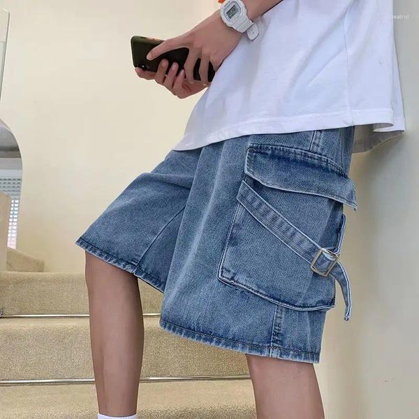 Shorts masculinos bolso denim homens ins verão cintura elástica solta casual calças curtas baggy calças streetwear hip hop carga jean