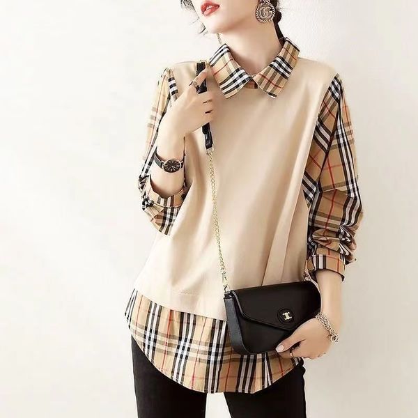 Felpe con cappuccio da donna casual finte in due pezzi Felpe moda stile britannico manica lunga risvolto ampio Camicia a quadri finta Pullover autunno primavera allentato