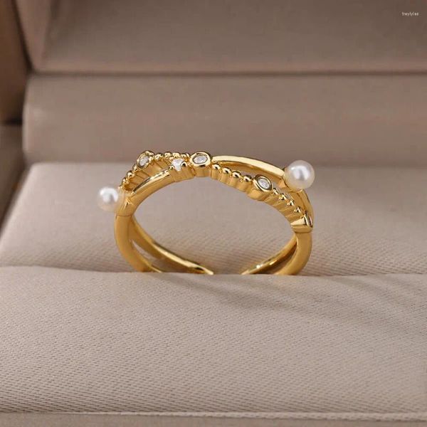 Anelli a grappolo Zircone Perle finte Anello trasversale per donna Regalo di gioielli estetici geometrici regolabili in colore oro in acciaio inossidabile