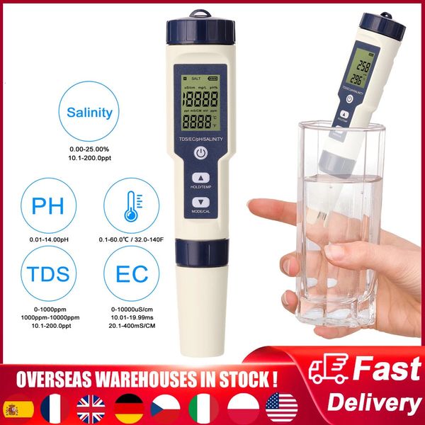 Medidores de PH 5 em 1 Detector digital de qualidade da água PH / EC / TDS / Salinidade / Medidor de teste de temperatura Multifuncional Monitor de testador de qualidade da água 231020