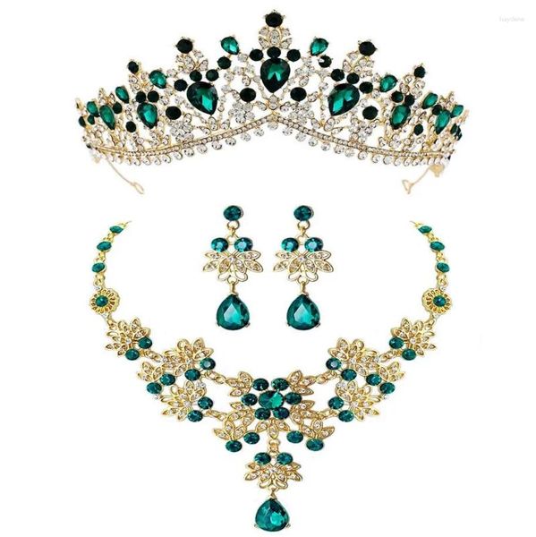 Halskette Ohrringe Set Barock Retro Gold Farbe Rot Grün Kristall Braut Tiaras Krone Hochzeit Afrikanische Perlen Schmuck