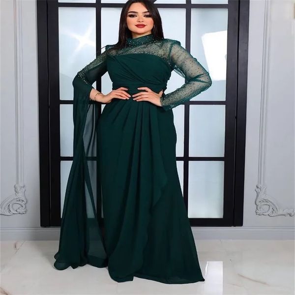 Vestidos de noite verde escuro vestido de festa de baile frisado novo personalizado plus size chiffon uma linha alta pescoço manga longa plissado zíper