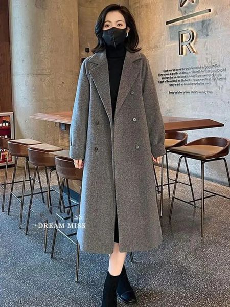Frauen Wollmischungen Solide Lässige Zweireiher Wollmantel Umlegekragen Frauen Hohe Qualität Xlong Mantel Winter Lose Jacke Koreanische Dicke 231021