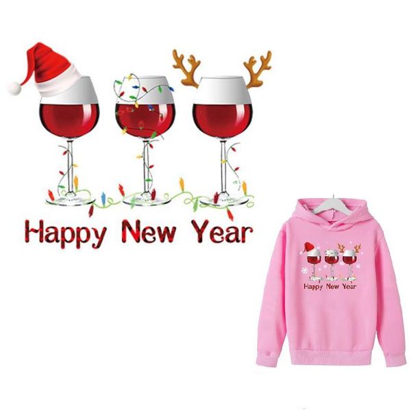 Nozioni Happy Year Trasferibili termoadesivi Adesivo natalizio lavabile in vinile a trasferimento termico Applicazioni per bambini T-shirt Cuscino Ers Drop Consegna