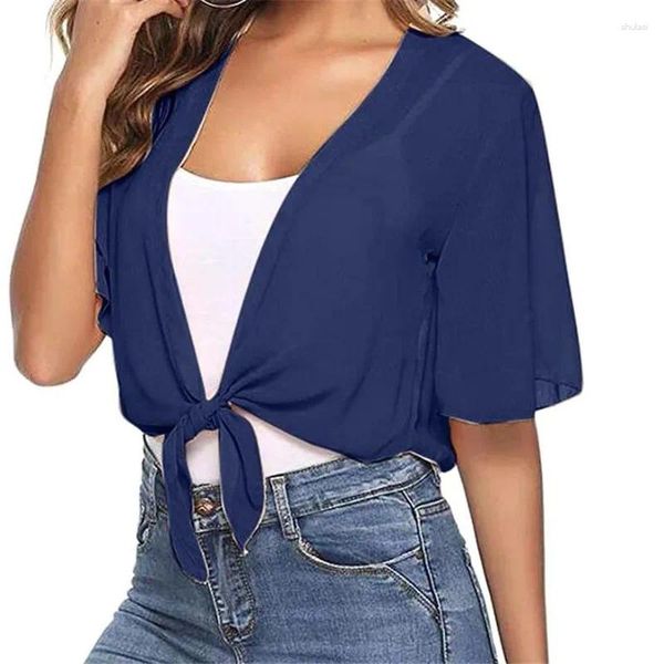 Tricots pour femmes Femmes élégantes Cardigan mince Tops courts Été Casual Loose Mesh Cardigans Femme Cravate Bow Châle Manteau Plage Chemise Veste