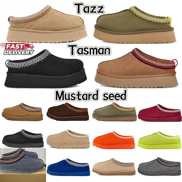 Pantofole Tasman Ciabatte in pelliccia di castagna Stivali di pelle di pecora ultra mini Shearling Stivali con plateau Tazz Semi di senape Castagna Nero Marrone chiaro Inverno Australia soffice pelliccia Muli Scarpe