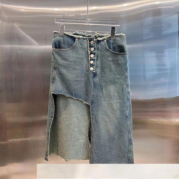 Saias 2023 Verão Design Corte e Sexy Irregularmente Aparado Cintura Alta Slim Fitting Denim Saia para Mulheres