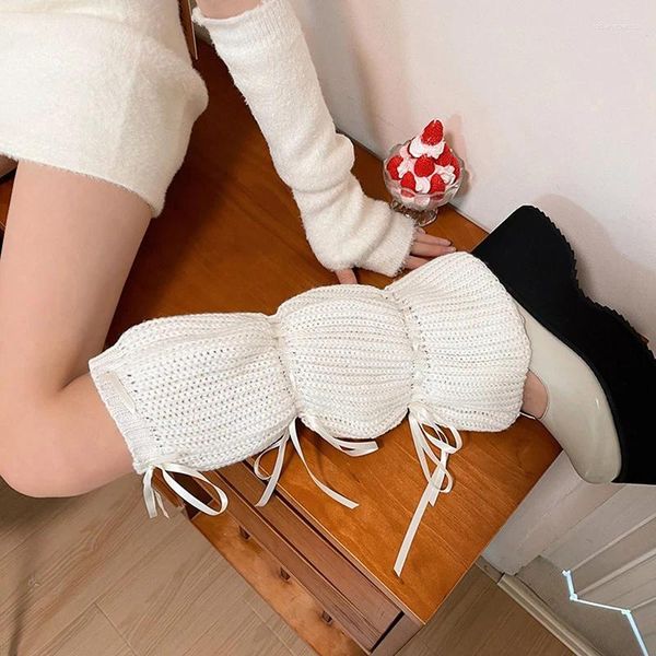 Mulheres meias de malha tie-up joelho alta panturrilha capa bota estilo japonês kawaii gótico e menina para o outono inverno