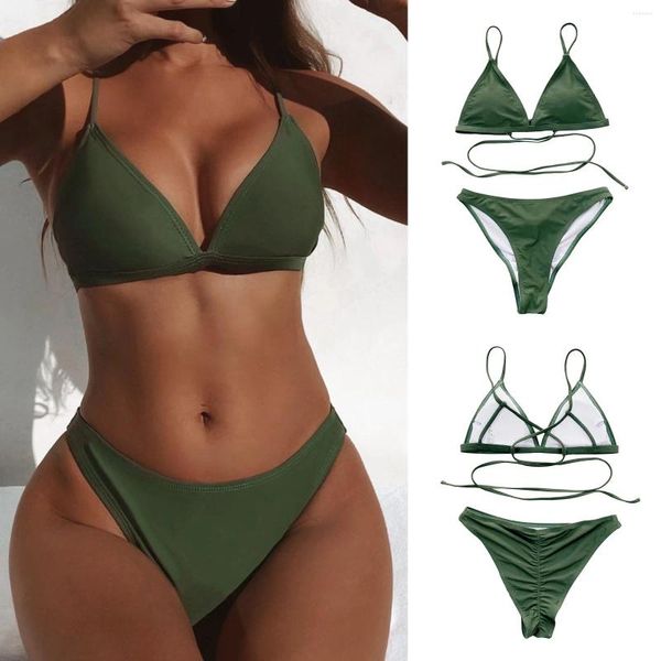 Costumi da bagno da donna Estate Indietro Cravatta alternativa Verde scuro Moda Diviso Bikini avvolgente bicolore Costumi da bagno bikini da donna Top