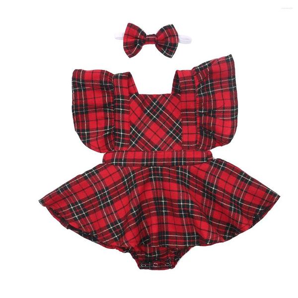 Macacão bebê meninas roupas de natal conjunto vermelho xadrez manga babados tutu macacão vestido arco bandana infantil 2 pçs roupas de princesa 0-24m