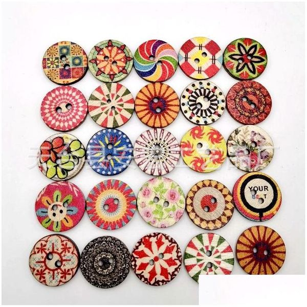Noções de costura misturada pintura de flores aleatórias redondas 2 furos botões de madeira vintage para diy scrapbooking artesanato acessórios de roupas 20m
